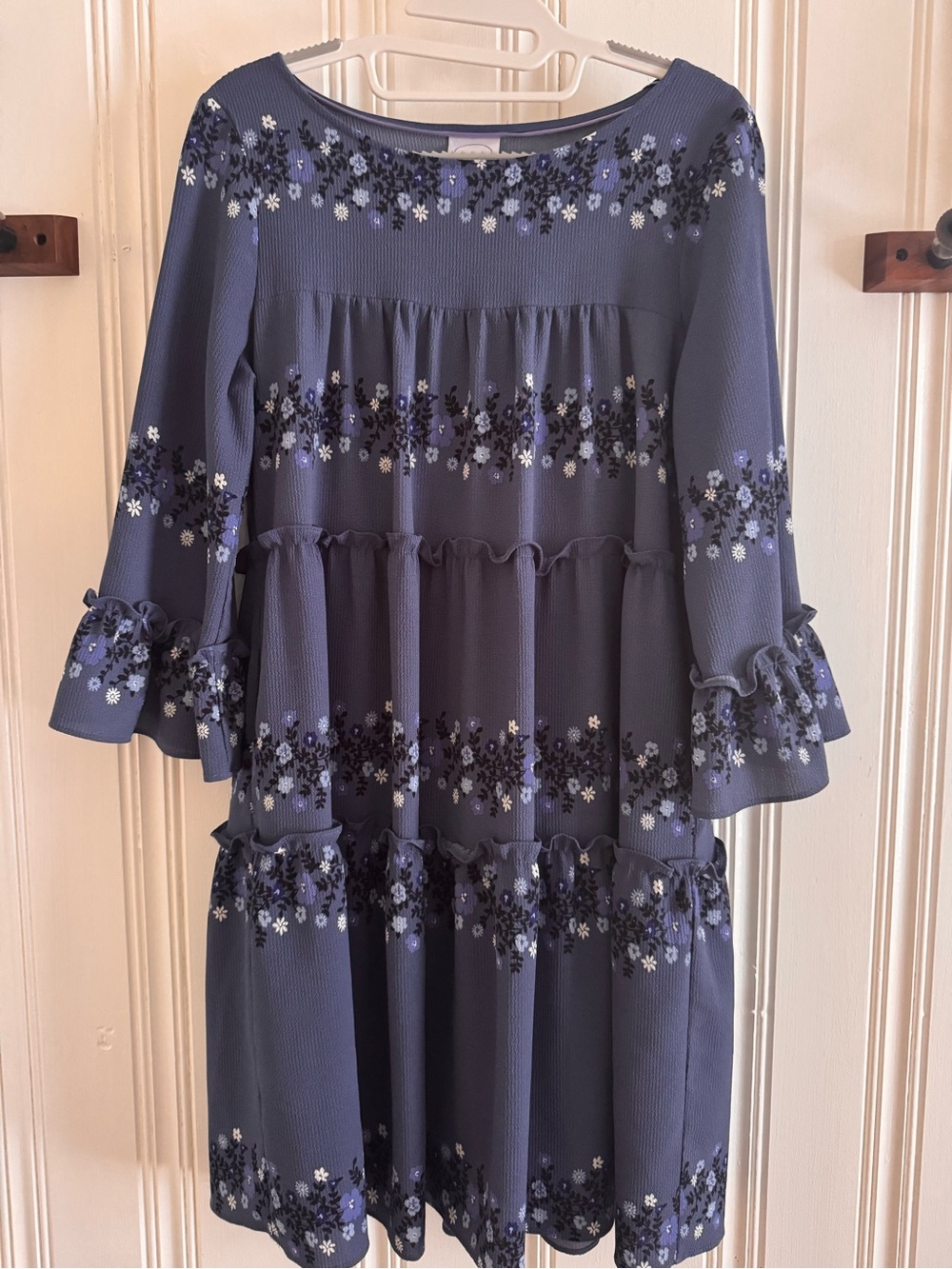 Embroidered Navy Tiered Long-Sleeve Women's Dress